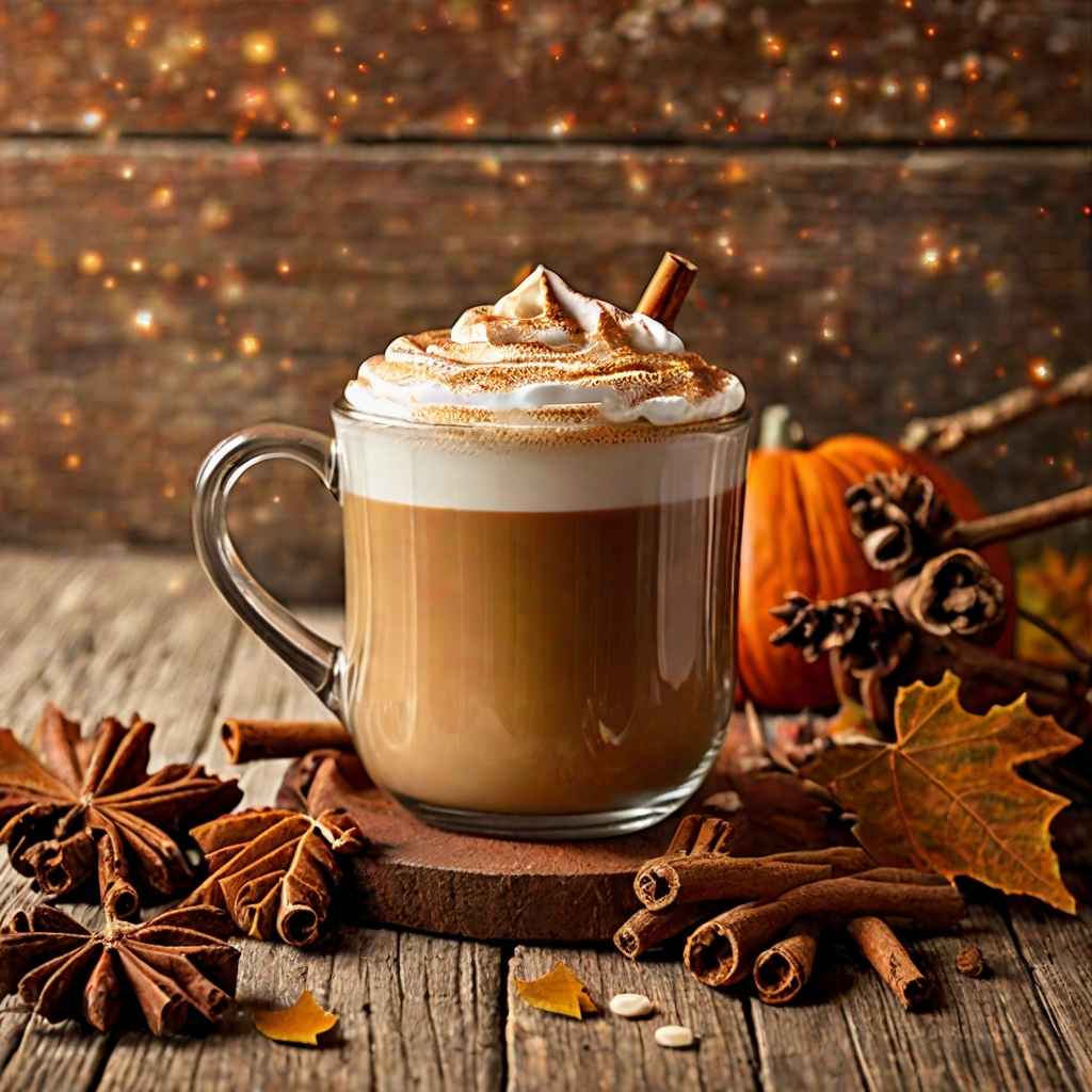 Pumpkin spice latte with cinnamon powder sprinkled on top of whipped cream in a mug star anise and cinnamon sticks on the surface