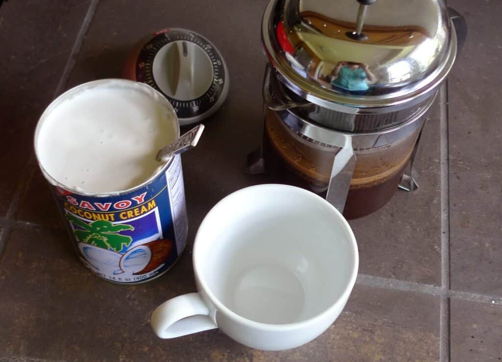 ingredients for coconut coffee placed on a table