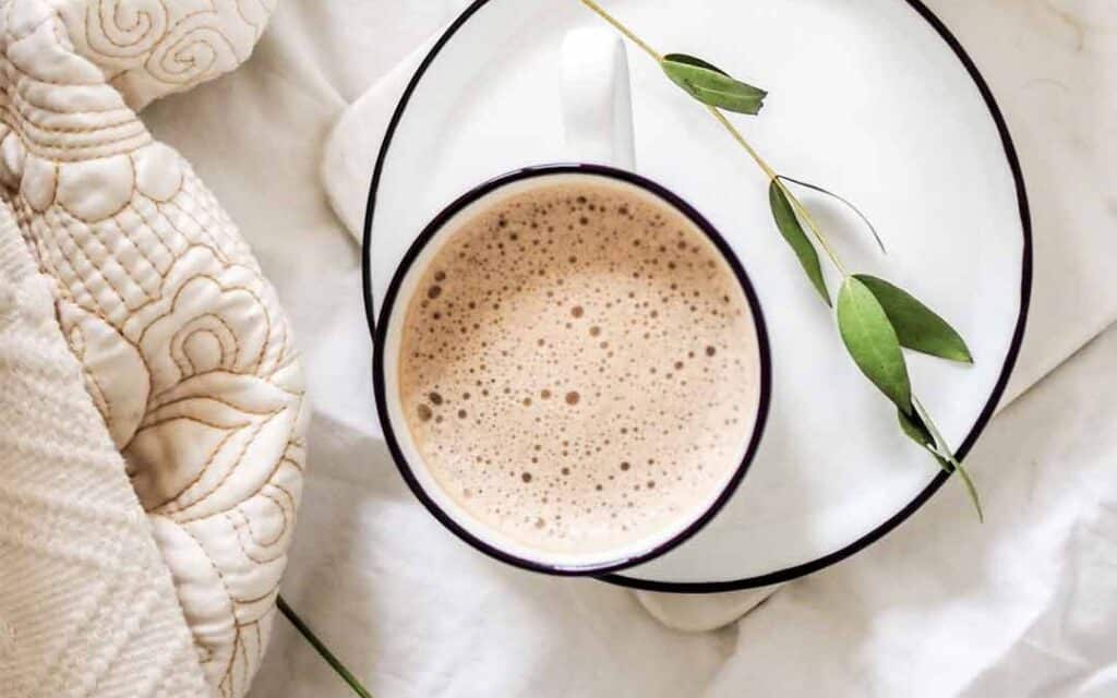 a cup of white coffee placed on a plate leaves along on the plate