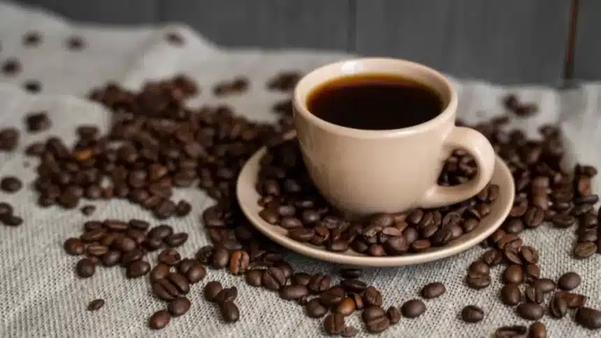 a cup of black eye coffee beans dispersed on a fabric