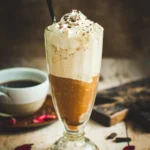 a glass of frozen coffee placed on wooden surface