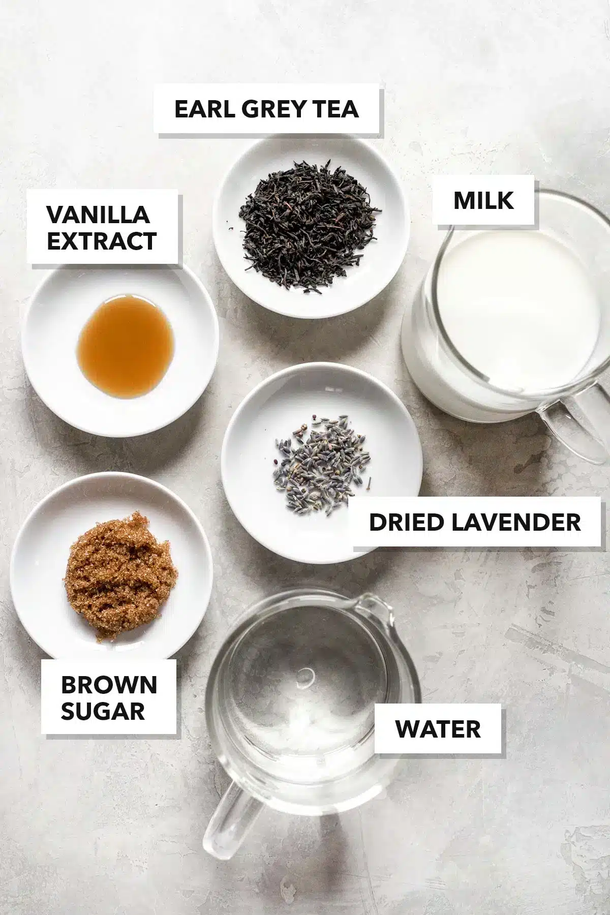 ingredients for london fog drink in small bowls