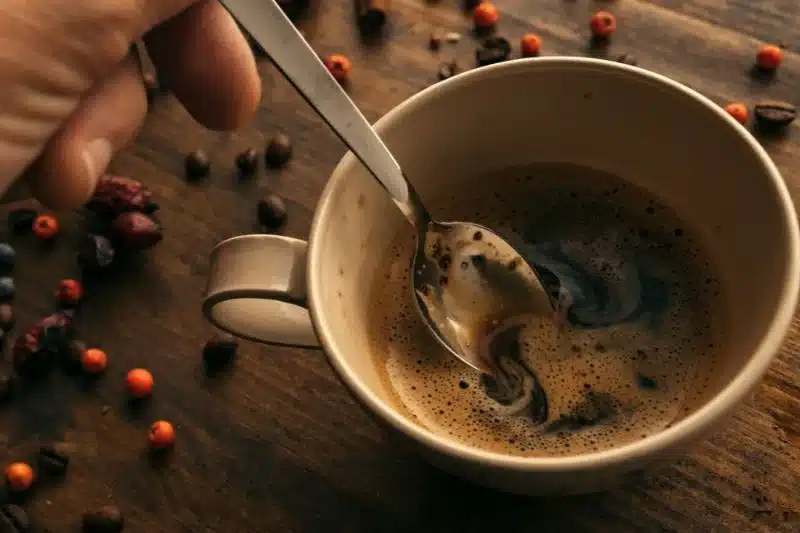 zoomed in view of decaf cup of coffee someone stirring spoon