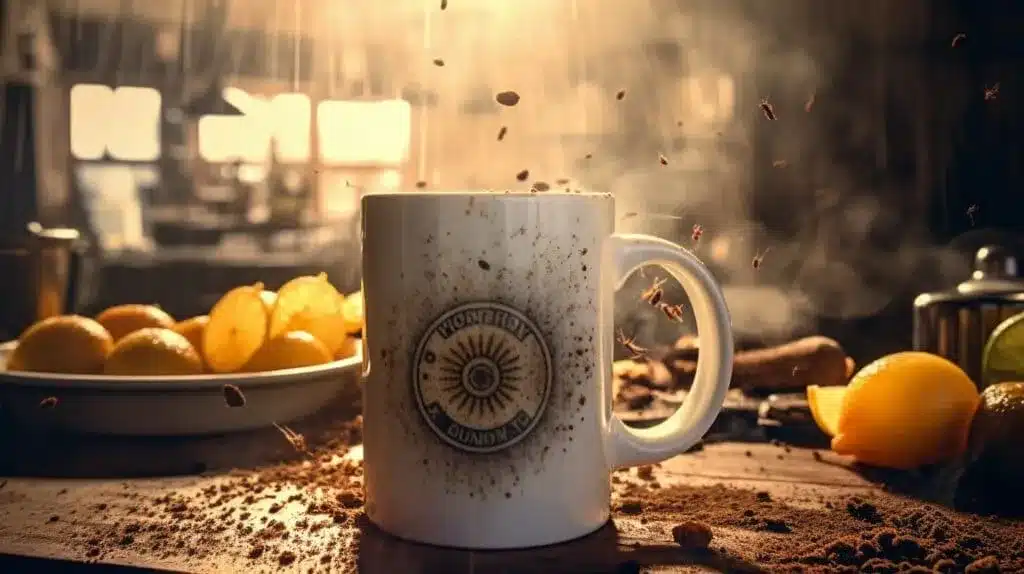 zoomed view of an unwashed coffee mug lemon wedges on a plate and coffee powder on wooden surface