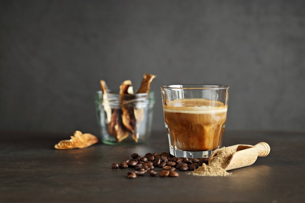 Mushroom Coffee In A Glass Coffee Beans And Dry Mushrooms