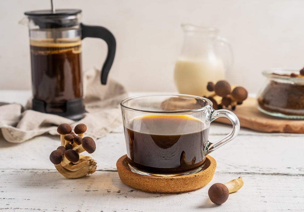 Healthy Trendy Coffee With Mushrooms In Cup Coffee Pot Milk