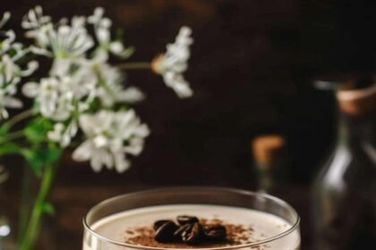 a glass of coffee cocktail on a round wooden serving platform garnished with coffee beans