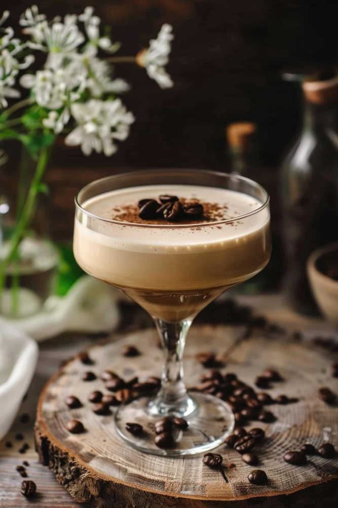 a glass of coffee cocktail on a round wooden serving platform garnished with coffee beans