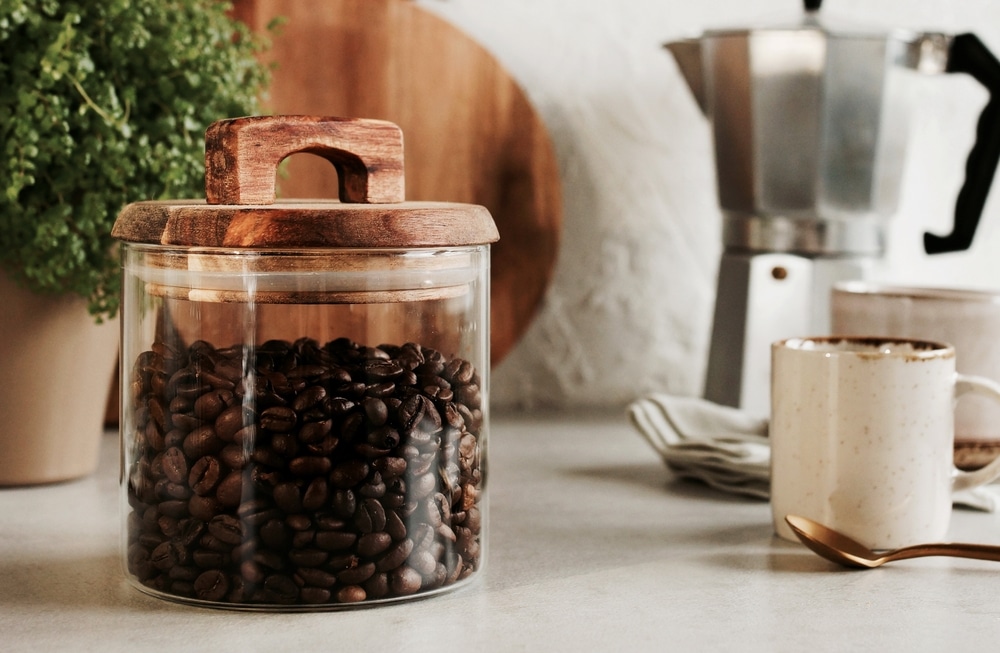 Glass Jar With Coffee Beans Wooden Kitchenware Modern Kitchen Backdrop