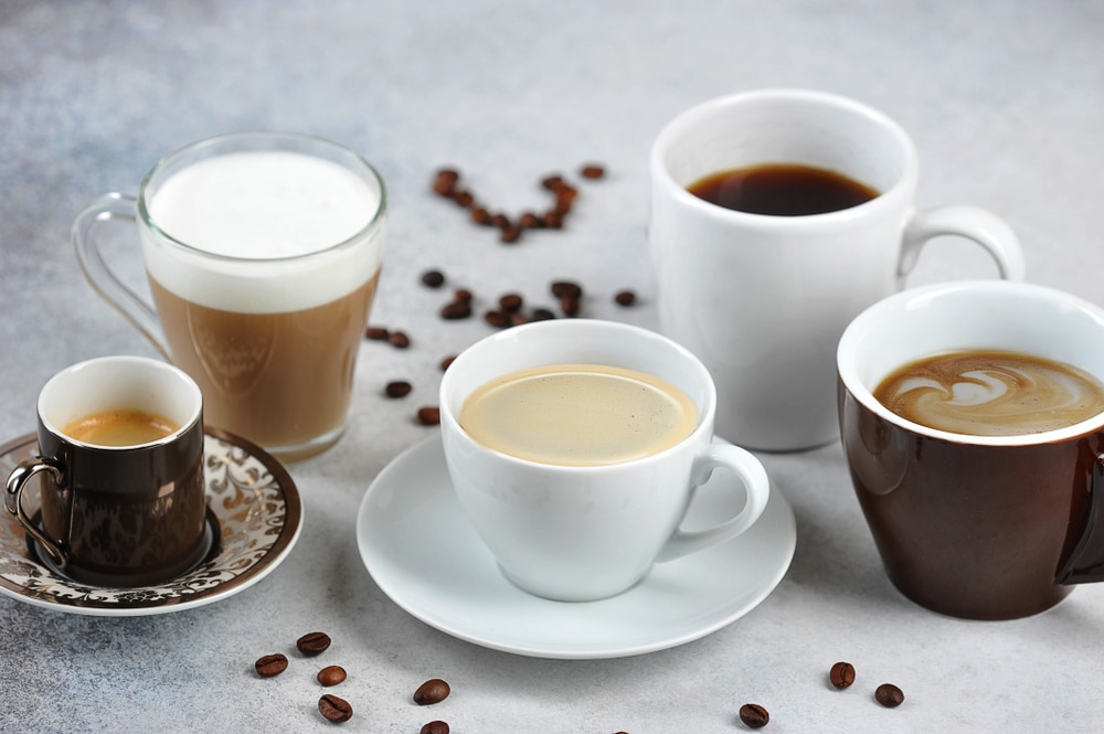 Set of different types of coffee in different cups