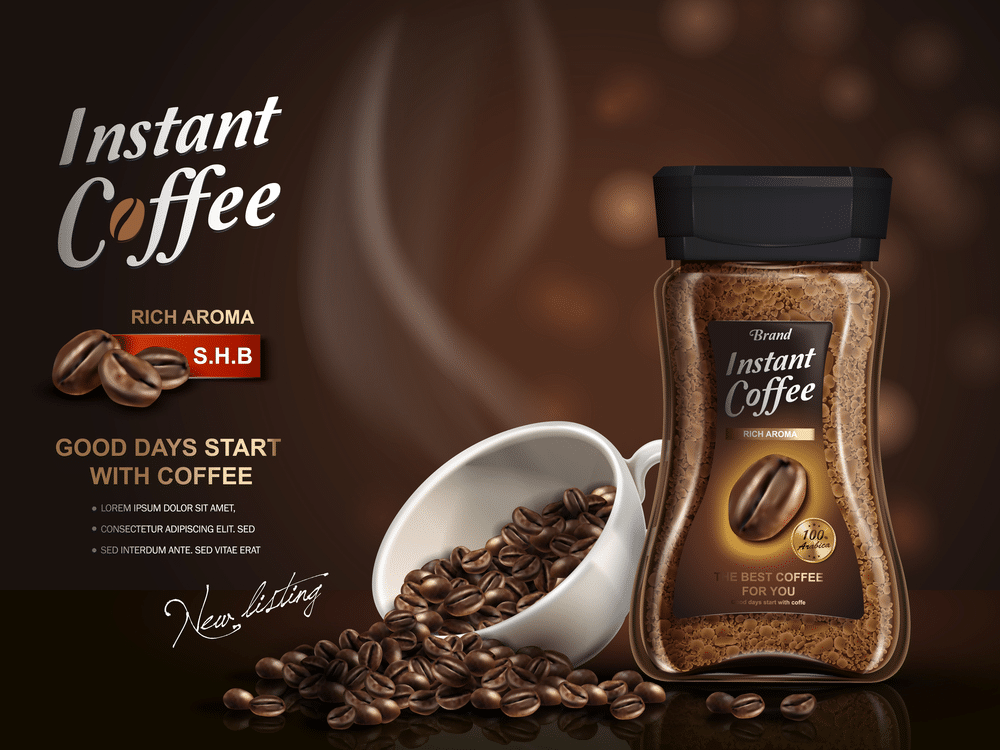 instant coffee with coffee bean elements bokeh background