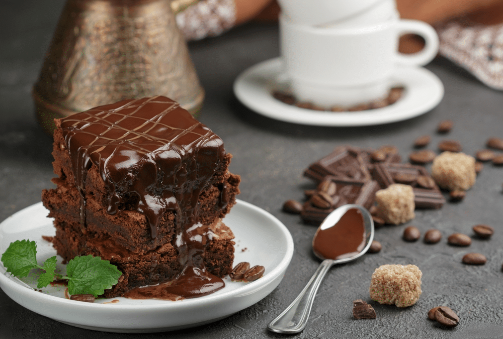 Homemade brownies with coffee chocolate and caramel